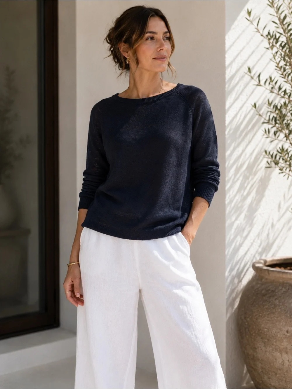 Vince Navy Linen Sweater Coastal Luxury Quiet Luxury Lightweight Size L